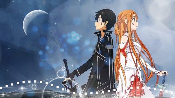 Anime picture 1920x1080 with sword art online a-1 pictures yuuki asuna kirigaya kazuto long hair highres short hair black hair brown hair wide image brown eyes profile couple back to back girl boy weapon detached sleeves sword cloak