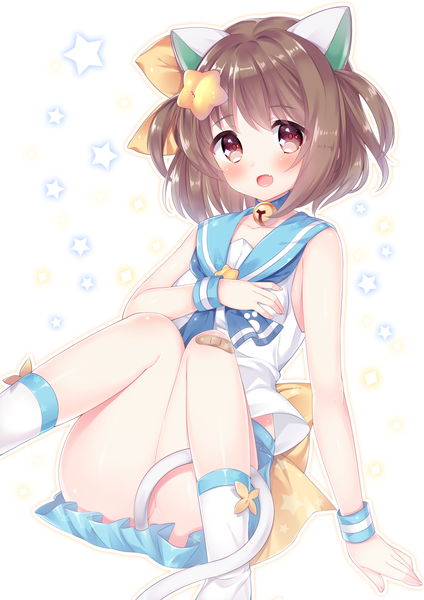 Anime picture 1000x1414 with etotama nyaa-tan natsume asato single tall image looking at viewer blush fringe short hair open mouth light erotic simple background red eyes brown hair sitting bare shoulders animal ears payot bent knee (knees) ass