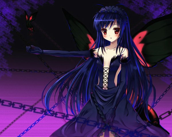 Anime picture 1024x819 with accel world sunrise (studio) kuroyukihime long hair blush open mouth black hair red eyes bare shoulders girl dress gloves wings elbow gloves hairband chain