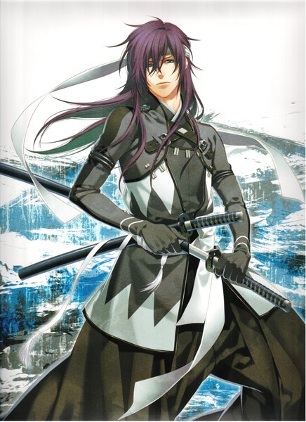 Anime picture 5024x6912 with hakuouki shinsengumi kitan studio deen saito hajime yone kazuki single long hair tall image highres blue eyes absurdres purple hair traditional clothes japanese clothes gloves uniform weapon sword katana military uniform