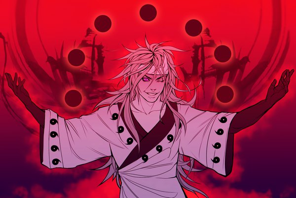 Anime picture 1800x1204 with naruto studio pierrot naruto (series) uchiha madara tagme (artist) single long hair looking at viewer highres smile hair between eyes standing purple eyes pink hair upper body one eye closed wide sleeves grin spread arms red background