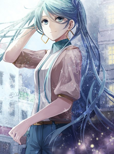 Anime picture 714x962 with vocaloid pixiv hatsune miku angel31424 single long hair tall image blue eyes standing twintails signed blue hair looking away light smile wind hand on head girl earrings