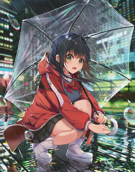 Anime picture 3040x3877 with original kurokuro illust single long hair tall image looking at viewer blush fringe highres breasts open mouth black hair hair between eyes holding green eyes absurdres full body ahoge outdoors long sleeves
