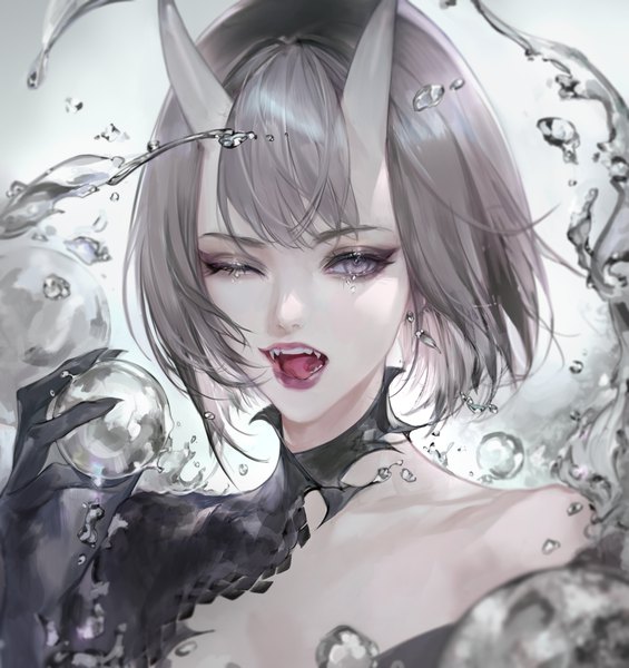 Anime picture 2600x2760 with original bm94199 single tall image looking at viewer fringe highres short hair open mouth simple background holding one eye closed arm up horn (horns) grey hair wink realistic teeth grey eyes fang (fangs)