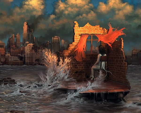 Anime picture 1280x1024 with original arcipello sitting sky cloud (clouds) wind from behind ruins post-apocalyptic girl dress window white dress sea building (buildings) chair wave (waves)