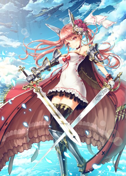 Anime picture 2000x2797 with original futsuka (dzone) long hair tall image highres red eyes twintails pink hair cloud (clouds) hair flower girl thighhighs dress hair ornament flower (flowers) weapon black thighhighs sword thigh boots