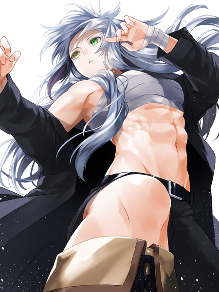 Anime picture 900x1200 with original dodome ichika waka (shark waka) single long hair tall image breasts simple background white background bare shoulders green eyes yellow eyes looking away silver hair bent knee (knees) long sleeves parted lips head tilt off shoulder open clothes