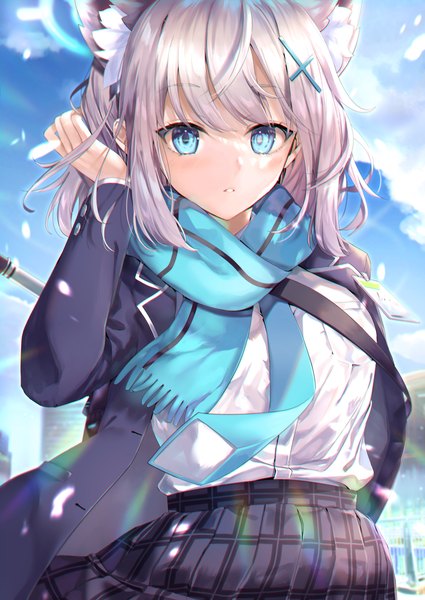 Anime picture 2508x3541 with blue archive shiroko (blue archive) hane yuki single tall image looking at viewer highres short hair blue eyes animal ears sky silver hair cloud (clouds) upper body wind adjusting hair extra ears girl uniform school uniform