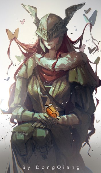 Anime picture 1417x2417 with elden ring malenia blade of miquella xueying dongqiang single long hair tall image simple background sitting signed red hair butterfly on hand girl insect butterfly helmet prosthesis