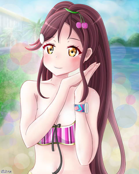 Anime picture 1200x1500 with love live! sunshine!! sunrise (studio) love live! sakurauchi riko 2rnk single long hair tall image looking at viewer blush fringe light erotic bare shoulders yellow eyes upper body outdoors red hair light smile depth of field beach