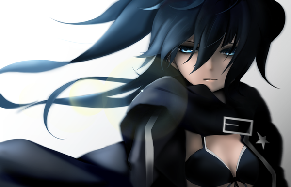 Anime picture 1500x966 with black rock shooter black rock shooter (character) kampher single long hair fringe breasts blue eyes black hair simple background twintails looking away lips jacket scarf star (symbol) hoodie bikini top