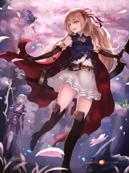 Anime picture 930x1242 with shadowverse tagme (character) arisa (shadowverse) na (oagenosuke) long hair tall image blush fringe open mouth blonde hair hair between eyes standing multiple girls holding outdoors eyes closed aqua eyes pointy ears cherry blossoms standing on one leg
