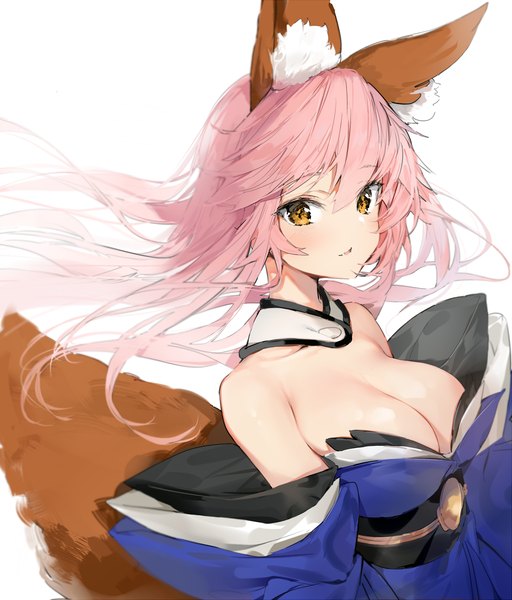 Anime picture 1590x1861 with fate (series) fate/extra tamamo (fate) (all) tamamo no mae (fate) silver (chenwen) single long hair tall image looking at viewer blush fringe breasts light erotic simple background hair between eyes large breasts white background bare shoulders brown eyes animal ears