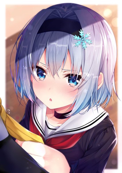 Anime picture 1808x2551 with ryuuou no oshigoto! sora ginko rouka (akatyann) tall image blush fringe highres short hair open mouth blue eyes hair between eyes holding silver hair upper body blurry :o shadow depth of field border looking up