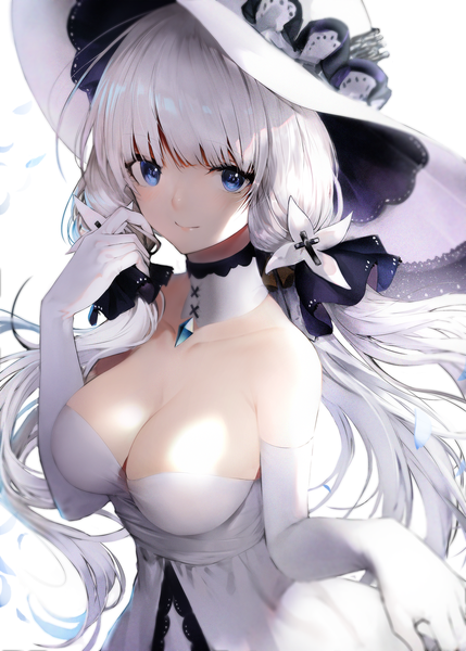 Anime picture 1430x2000 with azur lane illustrious (azur lane) iori (cpeilad) single long hair tall image looking at viewer blush fringe breasts blue eyes light erotic simple background smile large breasts standing white background twintails bare shoulders cleavage