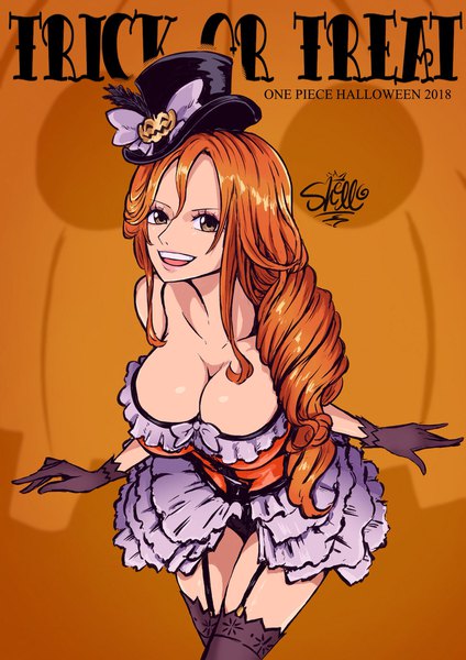 Anime picture 1448x2048 with one piece toei animation nami (one piece) sherumaru (korcht06) single long hair tall image looking at viewer fringe breasts open mouth light erotic simple background smile hair between eyes large breasts standing brown eyes signed payot