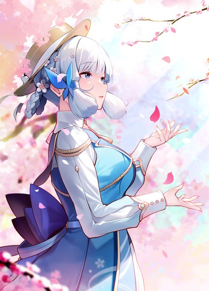 Anime picture 1800x2500 with genshin impact kamisato ayaka kamisato ayaka (springbloom missive) nekomu single tall image fringe highres short hair blue eyes looking away silver hair upper body blunt bangs cherry blossoms official alternate costume girl hair ornament hat petals