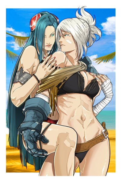 Anime picture 1024x1531 with league of legends riven (league of legends) irelia (league of legends) uger long hair tall image short hair light erotic multiple girls green eyes sky cloud (clouds) white hair aqua hair girl underwear panties 2 girls belt lingerie