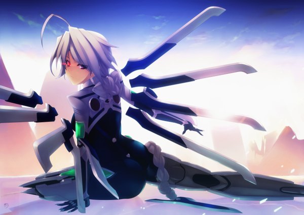 Anime picture 5846x4134 with blazblue nu-13 hell machina (1009056) single long hair looking at viewer highres red eyes absurdres silver hair ahoge mechanical wings girl wings bodysuit