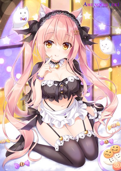 Anime picture 707x1000 with original macaron (ameto yuki) ameto yuki single long hair tall image looking at viewer light erotic twintails animal ears yellow eyes pink hair cleavage full body tail animal tail from above cat ears cat girl cat tail