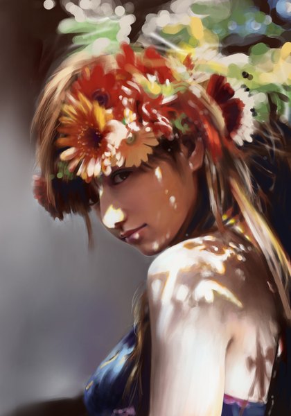Anime picture 1991x2847 with original bou sei single long hair tall image looking at viewer highres blonde hair smile bare shoulders hair flower lips sunlight realistic shadow girl hair ornament flower (flowers)