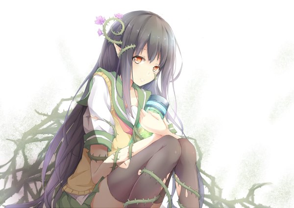 Anime picture 1576x1119 with original yue chi single long hair looking at viewer black hair white background pointy ears orange eyes girl thighhighs uniform flower (flowers) black thighhighs plant (plants) serafuku thorns