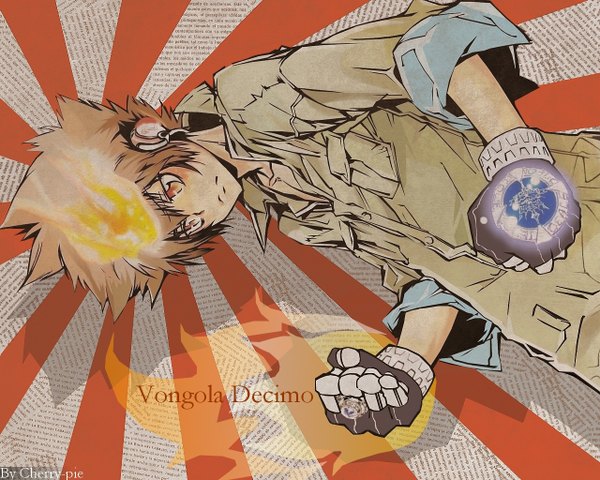 Anime picture 1280x1024 with katekyou hitman reborn sawada tsunayoshi orange eyes gloves fire