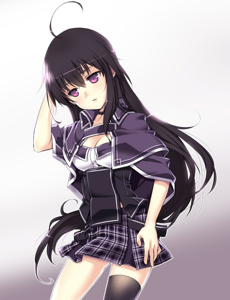 Anime picture 1169x1525 with sword girls kuro (kuronell) single long hair tall image black hair purple eyes ahoge girl thighhighs skirt black thighhighs miniskirt