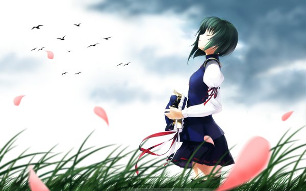 Anime picture 2000x1250 with touhou shikieiki yamaxanadu srsn single highres short hair wide image eyes closed profile green hair wind hat removed headwear removed girl plant (plants) hat animal petals bird (birds) grass