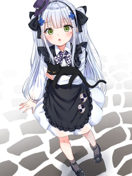 Anime picture 3000x4000 with girls frontline hk416 (girls frontline) hk416 (black kitty's gift) (girls frontline) xue lu single long hair tall image looking at viewer blush fringe highres open mouth simple background standing white background holding green eyes payot silver hair full body