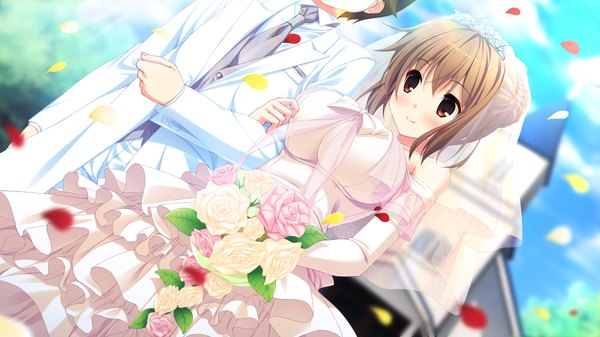 Anime picture 1280x720 with love sweets ichinose yui blush short hair red eyes brown hair wide image bare shoulders game cg couple wedding girl dress boy gloves flower (flowers) petals elbow gloves bouquet wedding dress