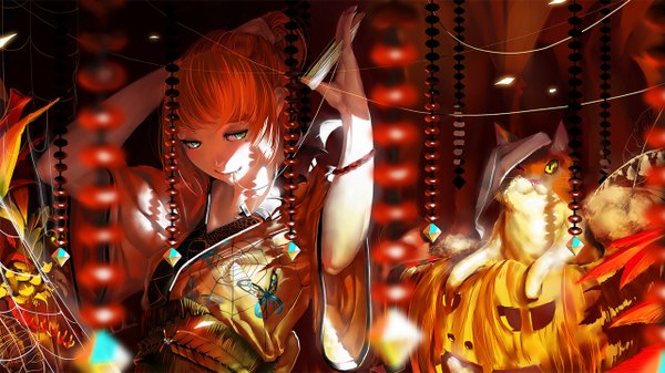 Anime picture 1280x720 with original karasu-san (syh3iua83) single smile wide image red hair traditional clothes japanese clothes one eye closed aqua eyes wink mole arms up mole under eye mouth hold halloween bat wings girl animal bracelet