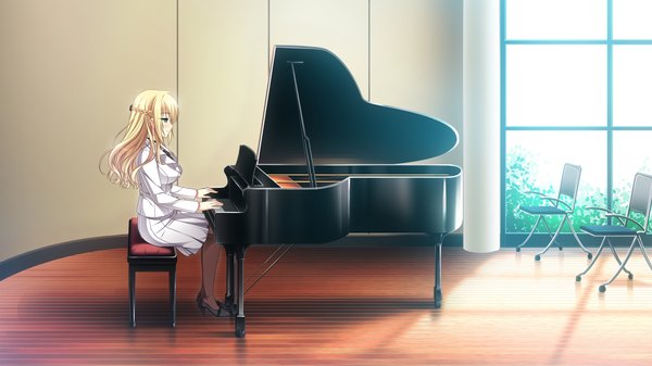 Anime picture 1920x1080 with mote sugite shuraba na ore (game) kobayakawa shiho (mote sugite shuraba na ore) sayori long hair highres blue eyes blonde hair wide image game cg profile music girl uniform pantyhose musical instrument piano