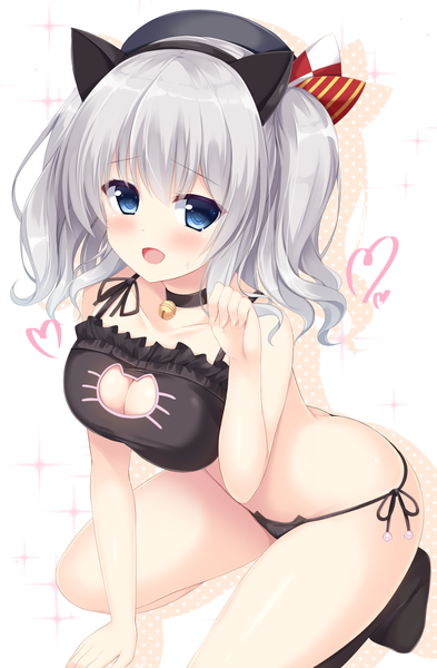Anime picture 1131x1723 with kantai collection kashima training cruiser tomoo (tomo) single long hair tall image blush breasts open mouth blue eyes light erotic animal ears silver hair sparkle underwear only fake animal ears paw pose girl underwear panties