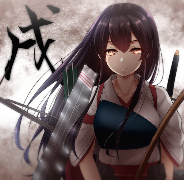 Anime picture 1230x1200 with kantai collection akagi aircraft carrier nuka (nvkka) single long hair looking at viewer fringe simple background hair between eyes brown hair yellow eyes payot upper body traditional clothes japanese clothes blurry grey background floating hair hieroglyph nontraditional miko