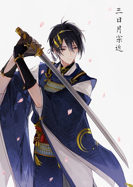 Anime picture 642x900 with touken ranbu nitroplus mikazuki munechika wonkrin single tall image fringe short hair black hair standing holding looking away traditional clothes japanese clothes lips wide sleeves sayagata boy weapon petals