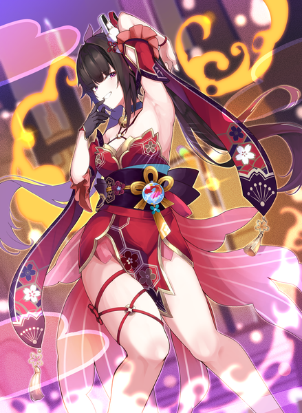 Anime picture 1829x2500 with honkai: star rail honkai (series) sparkle (honkai: star rail) ekusera single long hair tall image looking at viewer fringe highres breasts light erotic black hair smile standing twintails blunt bangs traditional clothes japanese clothes pink eyes