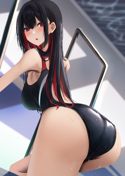 Anime picture 2508x3541 with original amane sora single long hair tall image blush fringe highres breasts open mouth light erotic black hair hair between eyes red eyes large breasts ass indoors looking back multicolored hair from behind