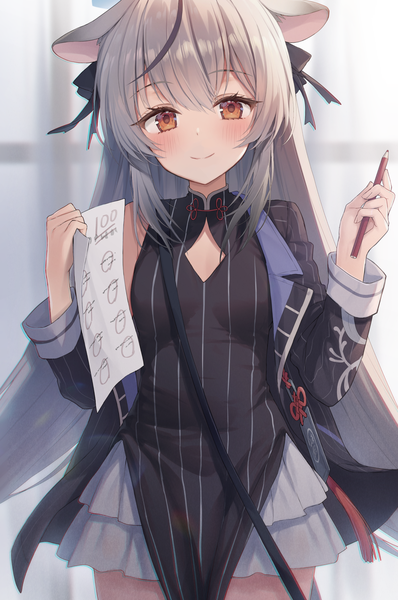 Anime picture 1500x2263 with blue archive kokona (blue archive) kuro futoshi single long hair tall image looking at viewer blush smile holding animal ears multicolored hair grey hair orange eyes streaked hair girl dress paper pencil
