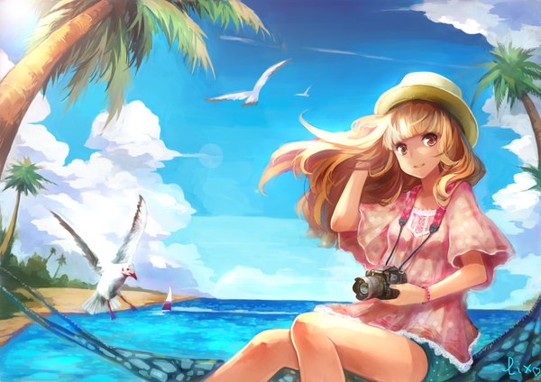 Anime picture 3508x2480 with original zhuxiao517 long hair highres smile brown eyes absurdres sky cloud (clouds) orange hair beach girl plant (plants) hat tree (trees) palm tree camera seagull