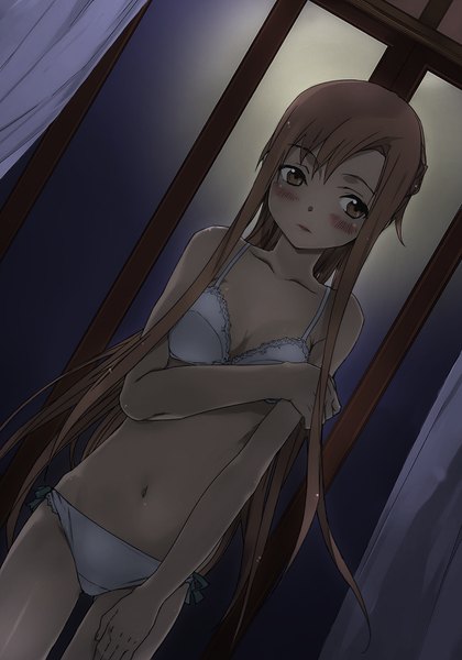 Anime picture 756x1080 with sword art online a-1 pictures yuuki asuna abec single long hair tall image blush fringe breasts light erotic brown hair standing bare shoulders brown eyes looking away indoors night bare legs bare belly