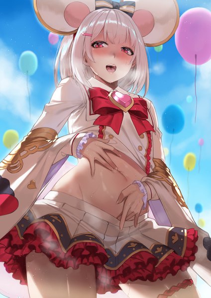 Anime picture 893x1263 with granblue fantasy vikala (granblue fantasy) deras single tall image looking at viewer blush fringe short hair open mouth light erotic smile red eyes standing animal ears sky silver hair cloud (clouds) outdoors :d