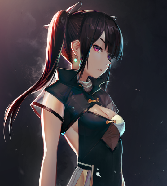 Anime picture 2583x2873 with original alaskastomatoez single long hair tall image fringe highres breasts black hair simple background purple eyes twintails payot cleavage upper body parted lips black background cleavage cutout popped collar girl