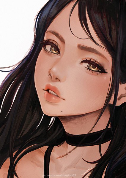 Anime picture 1000x1414 with original magion02 single long hair tall image looking at viewer fringe black hair simple background white background brown eyes signed upper body parted lips lips mole watermark portrait mole under mouth girl