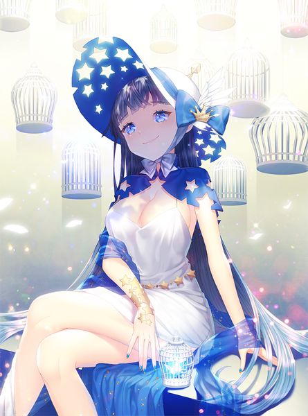 Anime-Bild 700x943 mit original saban single tall image looking at viewer fringe breasts light erotic smile large breasts sitting blue hair cleavage very long hair nail polish crossed legs blue nail polish girl dress bow