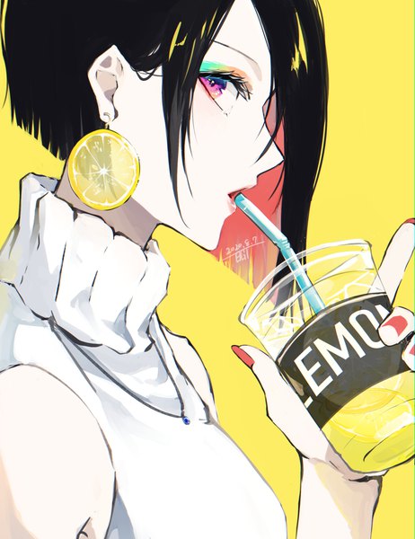 Anime picture 971x1261 with original yagi (shiro yagi) single tall image looking at viewer short hair black hair simple background purple eyes holding upper body nail polish profile multicolored hair sleeveless dated colored inner hair eyeshadow yellow background red nail polish