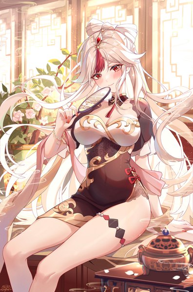 Anime picture 1500x2270 with genshin impact ningguang (genshin impact) gou lianlian dogface single long hair tall image looking at viewer blush fringe breasts light erotic smile red eyes large breasts sitting signed cleavage silver hair bent knee (knees) indoors