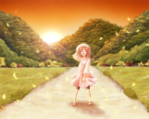 Anime picture 1099x881 with natsume yuujinchou brains base (studio) kogitsune mokoppe single blush short hair open mouth blonde hair eyes closed wind otoko no ko boy plant (plants) hat petals tree (trees) grass forest house