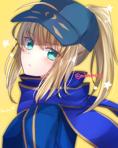 Anime picture 1150x1442 with fate (series) fate/grand order artoria pendragon (all) mysterious heroine x (fate) tanaji single long hair tall image blush blonde hair simple background signed payot looking away ahoge upper body ponytail aqua eyes character names twitter username