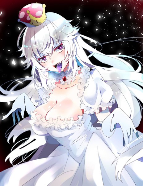 Anime picture 1583x2048 with super mario bros. new super mario bros. u deluxe princess king boo satoupote single long hair tall image fringe breasts open mouth light erotic hair between eyes large breasts purple eyes cleavage silver hair body blush girl dress gloves